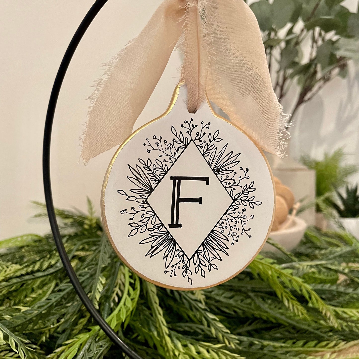 Ceramic Floral Initial Ornament - Double-Sided with Name and Year