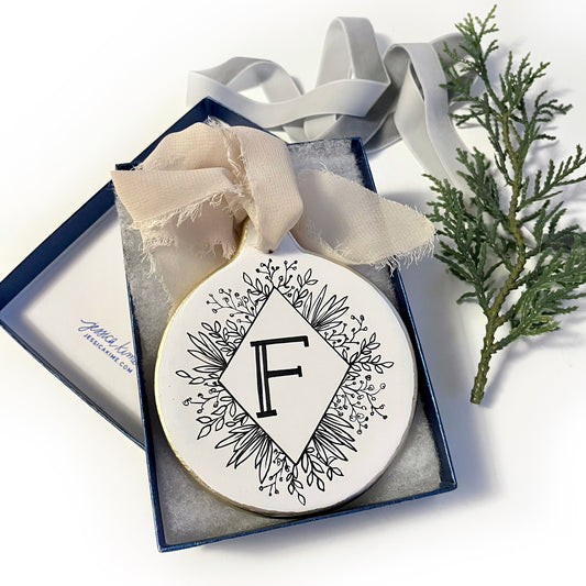 Ceramic Floral Initial Ornament - Double-Sided with Name and Year